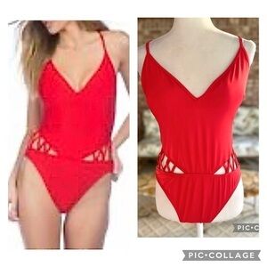 Kenneth Cole One Piece Swimsuit Red Strappy Back Cutouts M Pool Beach